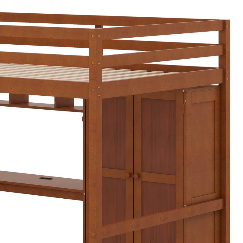 Full Size Loft Bed With Desk And Staircase, Wood High Loft Bed With Charging Station, Bookcase, Wardrobe, Doors And Drawers
