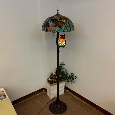 BEAUTY DEPOT 65-Inch Tiffany-Style Stained Glass Floor Lamp With Maple Tree Leaves & Owl Accent Light