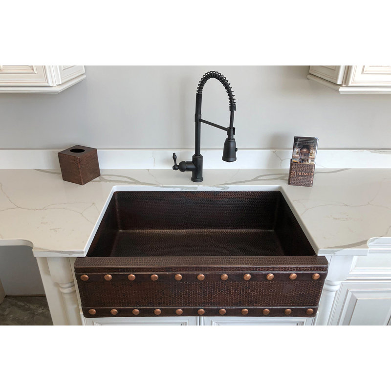 33" Hammered Copper Kitchen Apron Single Basin Sink w/ Barrel Strap Design with Matching Drain and Accessories