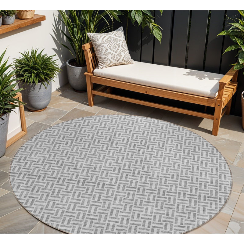 Tapis d'intérieur rond lavable à motif géométrique 8 pi gris et argent