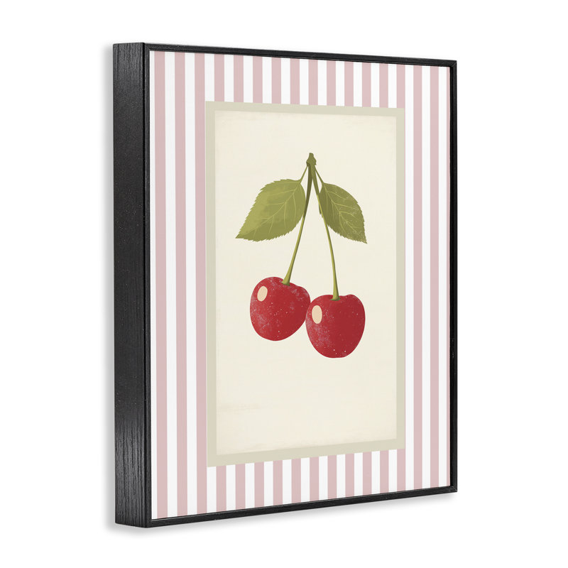 Giclée encadrée de cerises délicates sur rayures, design par Christine Simpson Art, H 14 po x l 11 po
