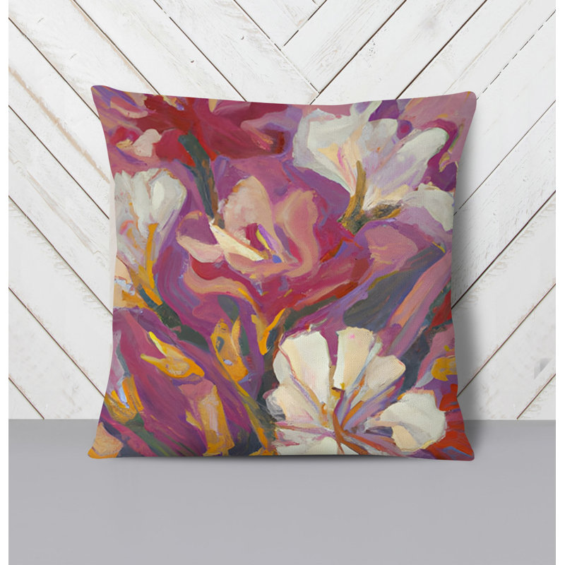 Throw Pillow With Insert, White/Pink Floral 4, 16"H x 16"W