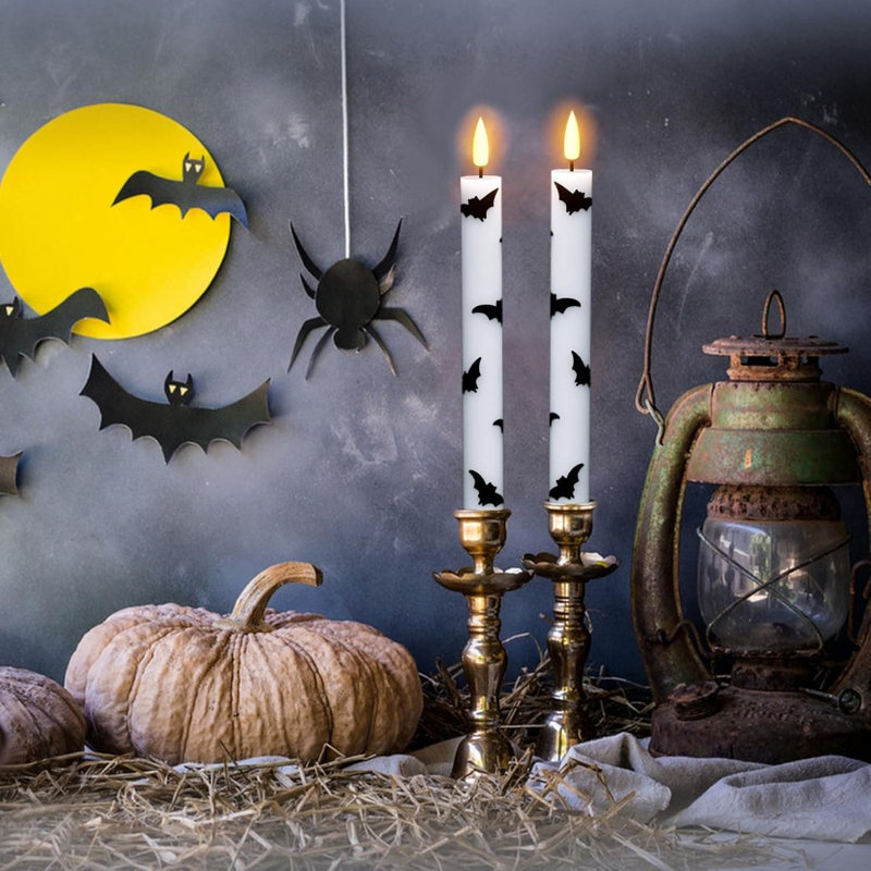Halloween Flameless Taper Candles - 4 Pack, Remote Timer, 9.65" Flickering LED, Real Wax with Bat Prints, Battery-Operated, Halloween Decor
