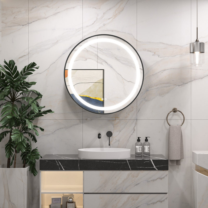 Gervon Lighted Surface Framed Round Medicine Cabinet Mirror Adjustable Shelf & AC Outlets, 24" H x 24" W x 4.7" D, Black