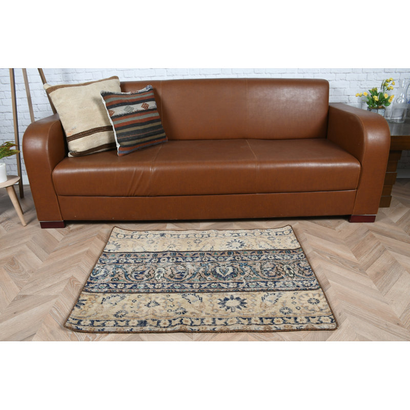 Vintage Turkish Door Mat In Beige and Blue With Handwoven Intricate Floral Design For Bohemian Floor Decor