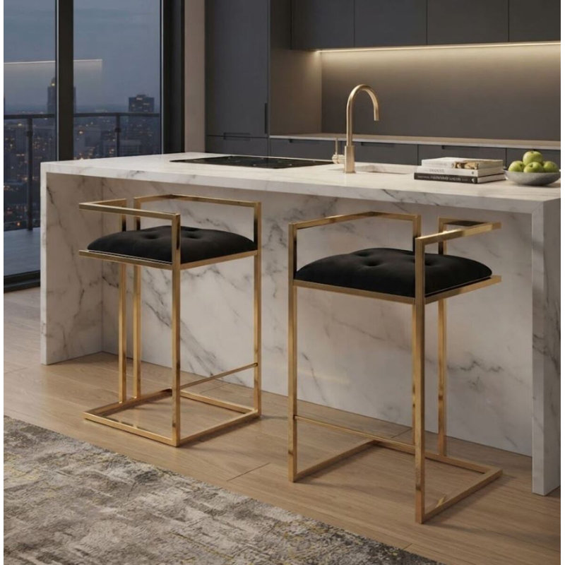 Tabouret en velours, Doré, Noir