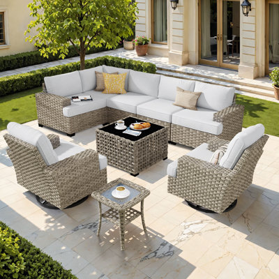 Ensemble de conversation d'extérieur en rotin pour 7 personnes avec chaises berçantes pivotantes