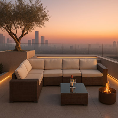 6-Piece Patio Sectional Sofa Set W/ Coffee Table & Plush Cushions - All-Weather Rattan Furniture For Porch, Garden, Backyard (Beige)