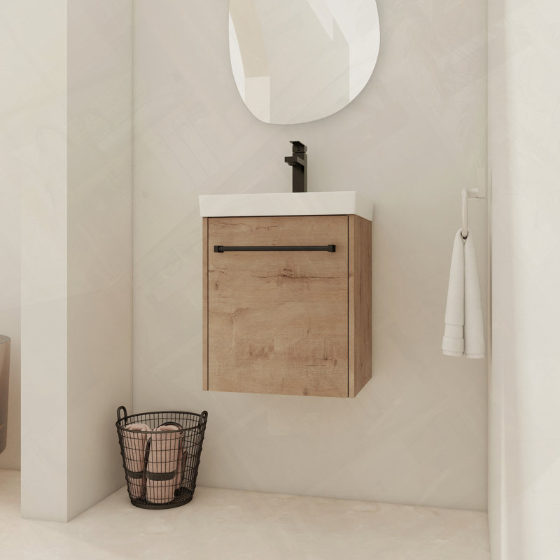 Meuble-lavabo flottant mural avec évier en céramique, Imitation chêne, 17"