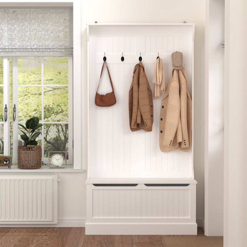 Multi-Use Hall Tree With Shoe Storage Bench And 5 Hooks, Elegant White Entryway Organizer