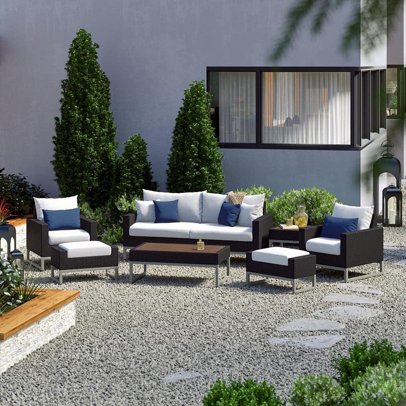 Sameko Amali 7 Piece Rattan Sofa Seating Group With Sunbrella Cushion Covers, Brown, Cast Coral Sunbrella® Plainweave