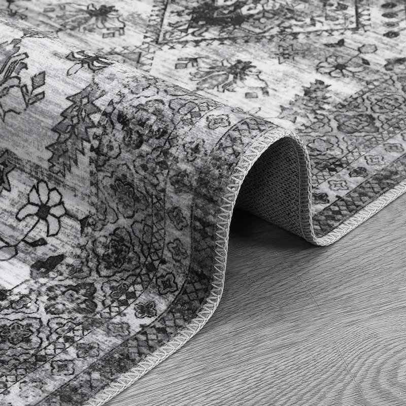 Vintage Machine Washable Rugs Oriental Floral Non-Slip Rug for Living Room Bedroom Nursery Dining Table Bedside Decor