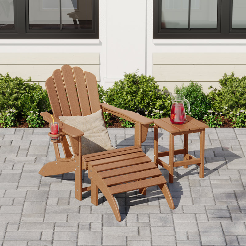 Outdoor Poly Adirondack Chair With Side Table And Ottoman, Teak