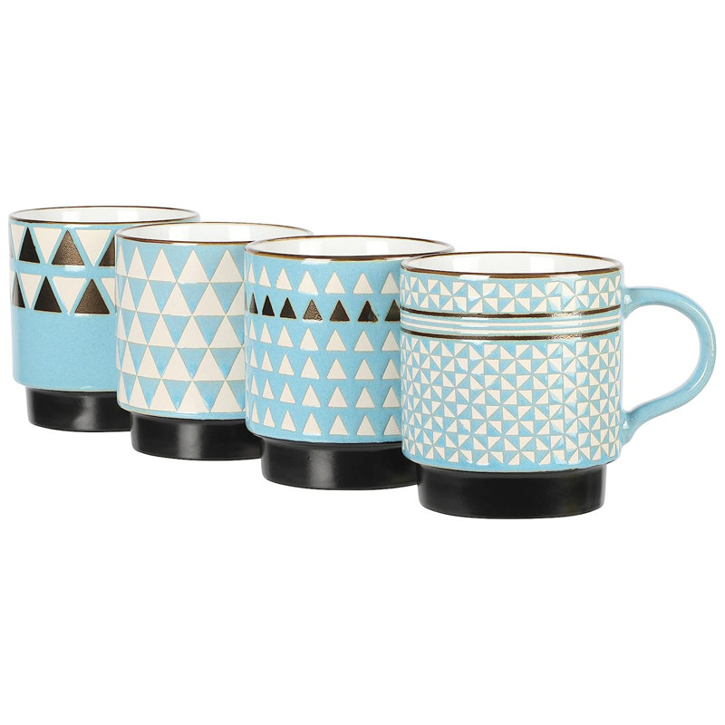 4 Piece 14 Ounce Stackable Assorted Wax Relief Triangle Design Mug Set