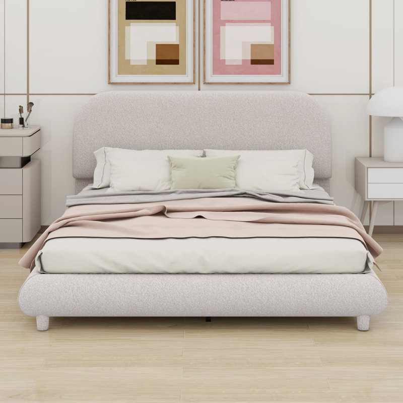 Lit plateforme tapissier, structure solide et design courbé élégant, Beige, Grand lit