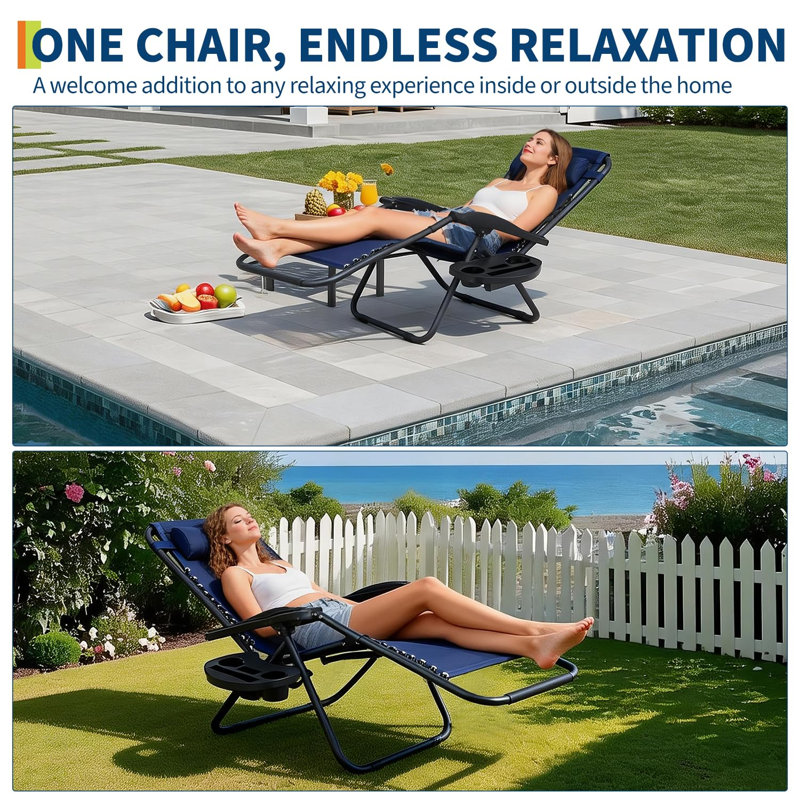Folding Reclining Outdoor Lounge Chair Set of 2 with Adjustable Headrests and Detachable Side Trays