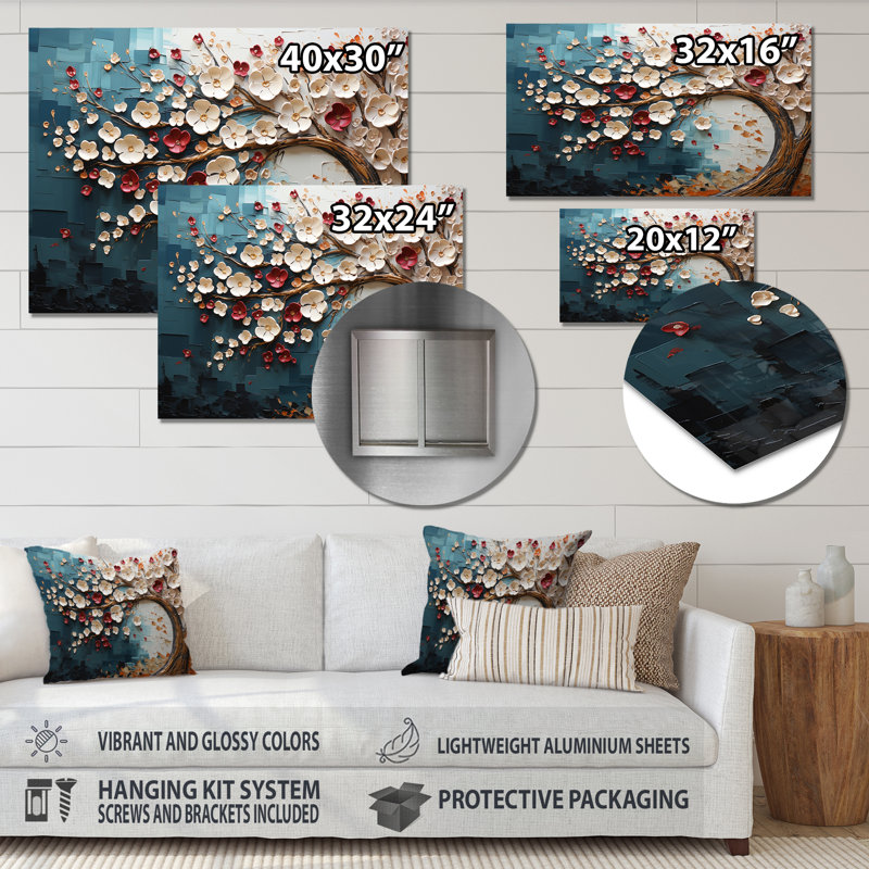 Arbre de fleur rouge et or au clair de lune beauté VI - Art mural en métal arbre, H 30 po x l 40 po x P 1,5 po
