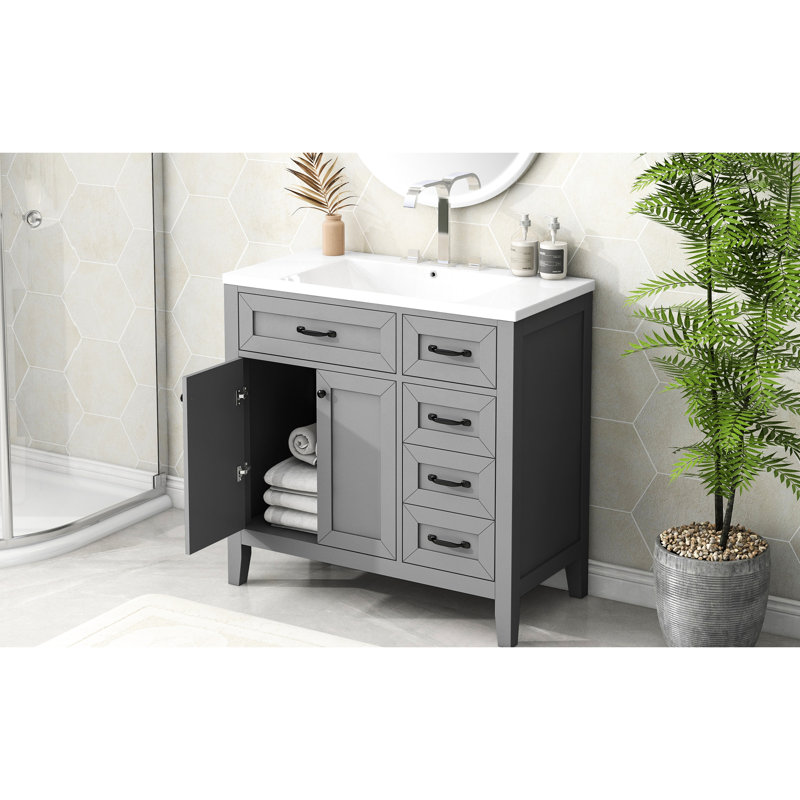 36 Inch Bathroom Vanity, Grey Vanity With Drawers, Solid Rubber Wood Frame, Drop - In Ceramic Sink, 36" , Freestanding Furniture, Smooth Storage Contemporary Style