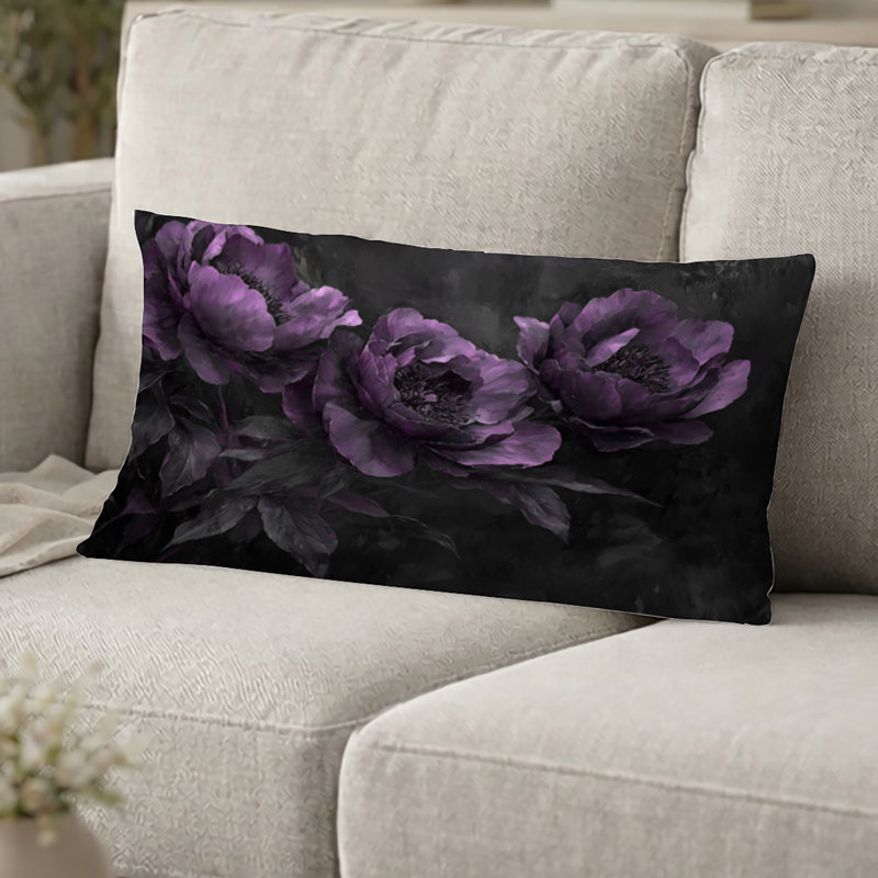 Coussin décoratif imprimé pivoines violettes et noires Midnight Bloom -, H 12 po x l 20 po
