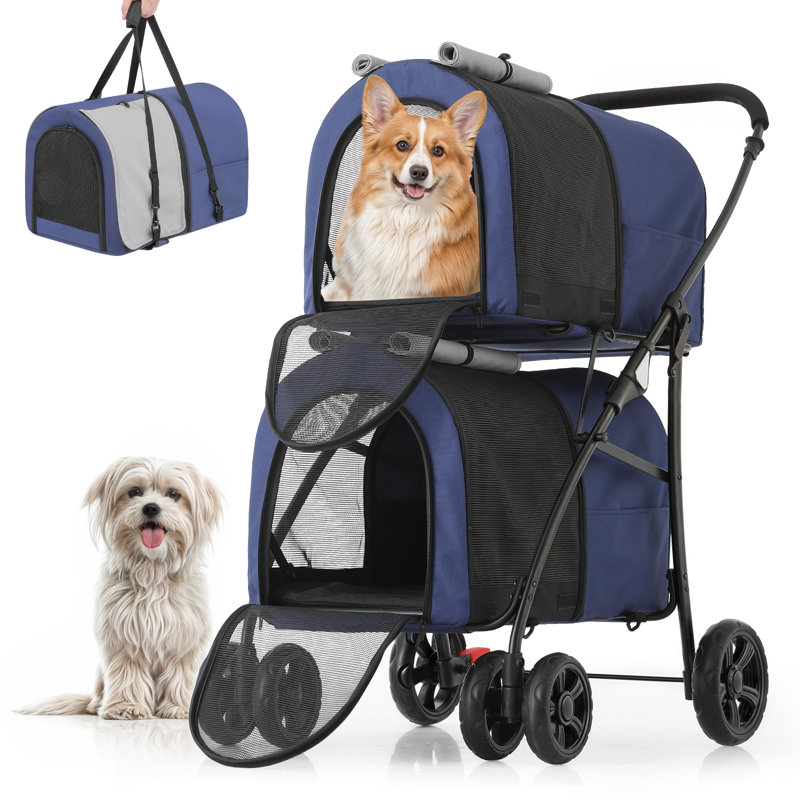 Foldable Pet Stroller with Double Detachable Carriers, Folding Dog Cat Jogger Stroller with Tether, Blue/Gray