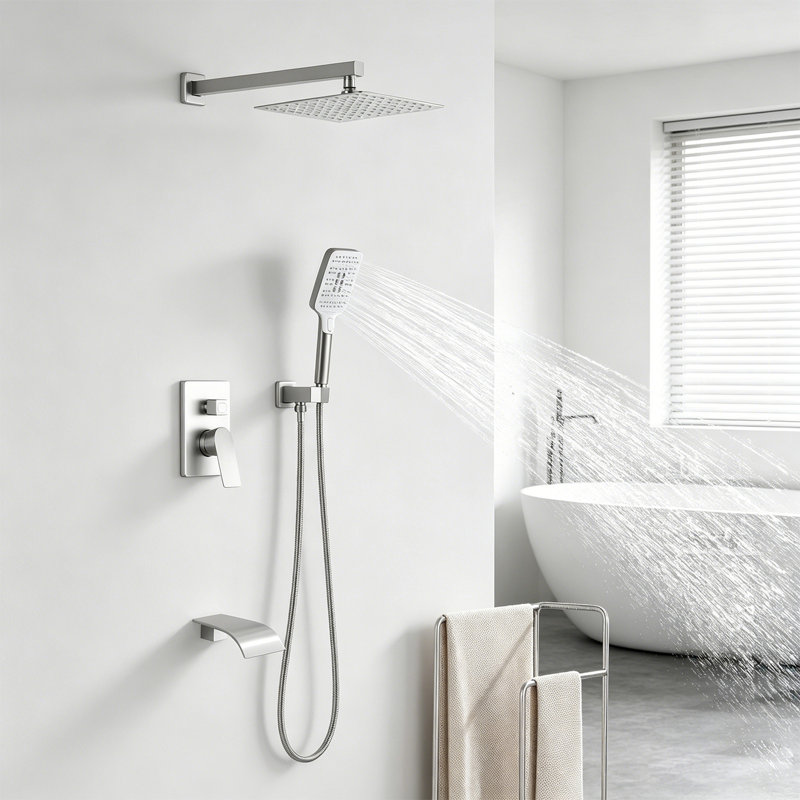Système de douche de pluie carré de 10 pouces avec douche à main à 3 fonctions et douchette cascade de 4,72 po, Nickel brossé