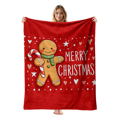 Plaid en flanelle polaire JYK pour Noël, léger, respirant, doux, chaud et confortable, en microfibre pelucheuse, 127 x 152 cm, motif pain d'épices et canne de Noël