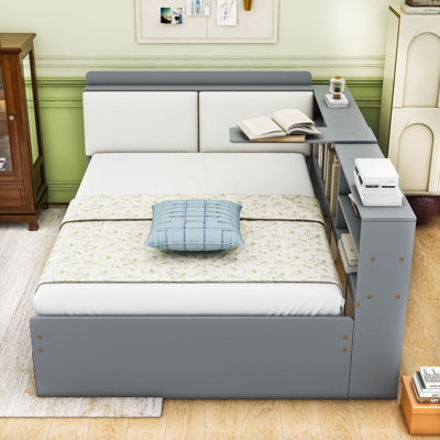 Wooden platform bed with Trundle, Storage Headboard and Shelves