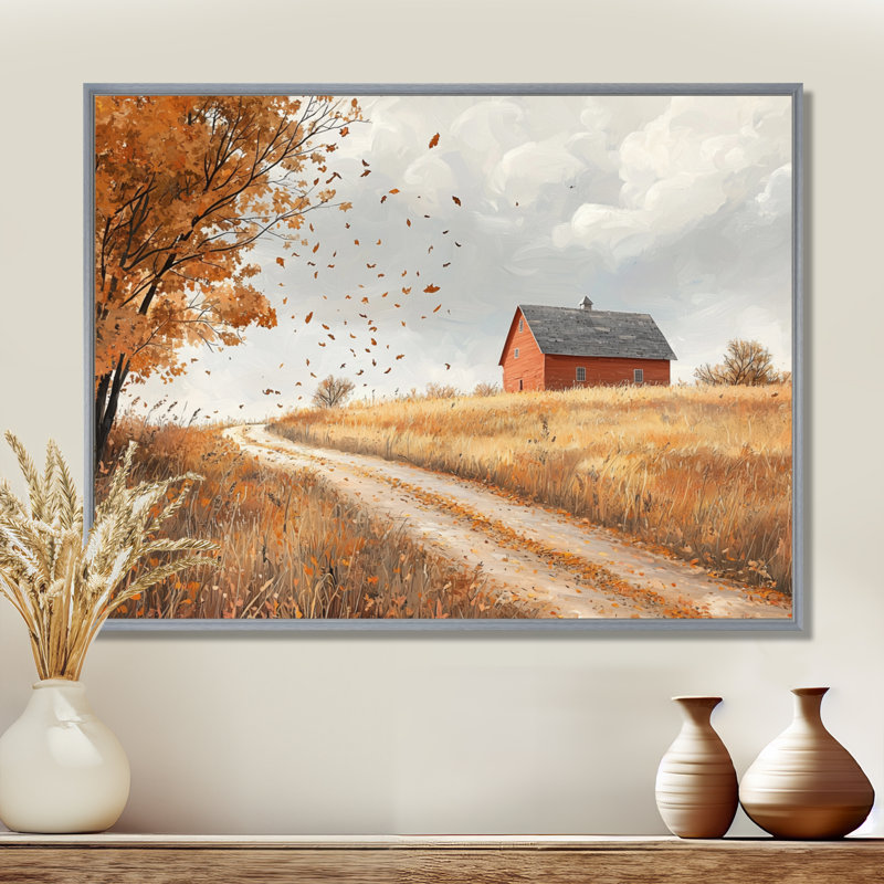 Drewry Windy Prairie Leaves Path To The Farm I - feuilles, art mural, Argent argent, H 12 po x l 20 po