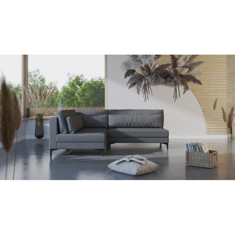 Hundo Cord Corner Sofa with Metal Black Legs and Loose Cushions, Left Hand Facing, Dark Grey