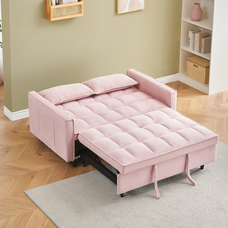 Modern 55" 3-in-1 couch folding sofa bed with two lumbar pillows for living room and office, Pink Velvet