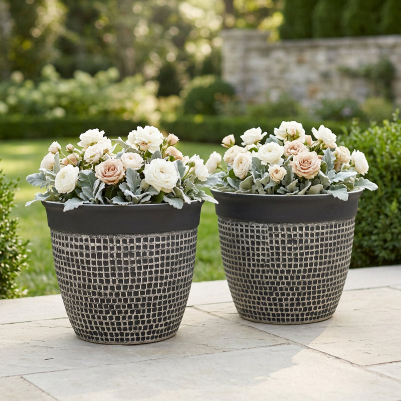 Acerra 2-Piece Mosaic Composite Hand-Painted Pot Planter Set, Brown