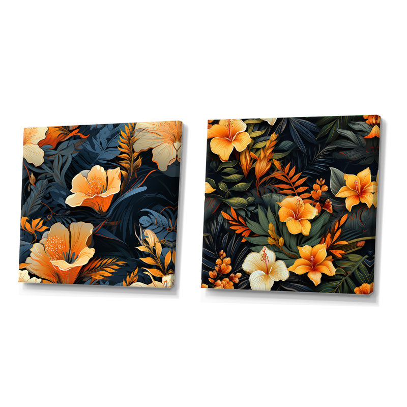 Tropical Twilight - motif tropical - ensemble de 2 collages floraux carrés, Toile tendue, H 30 po x l 61 po
