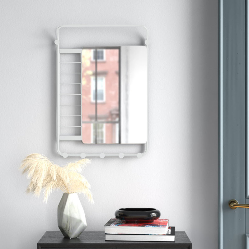 Furness Metal Flat Wall Mirror with Hooks, White