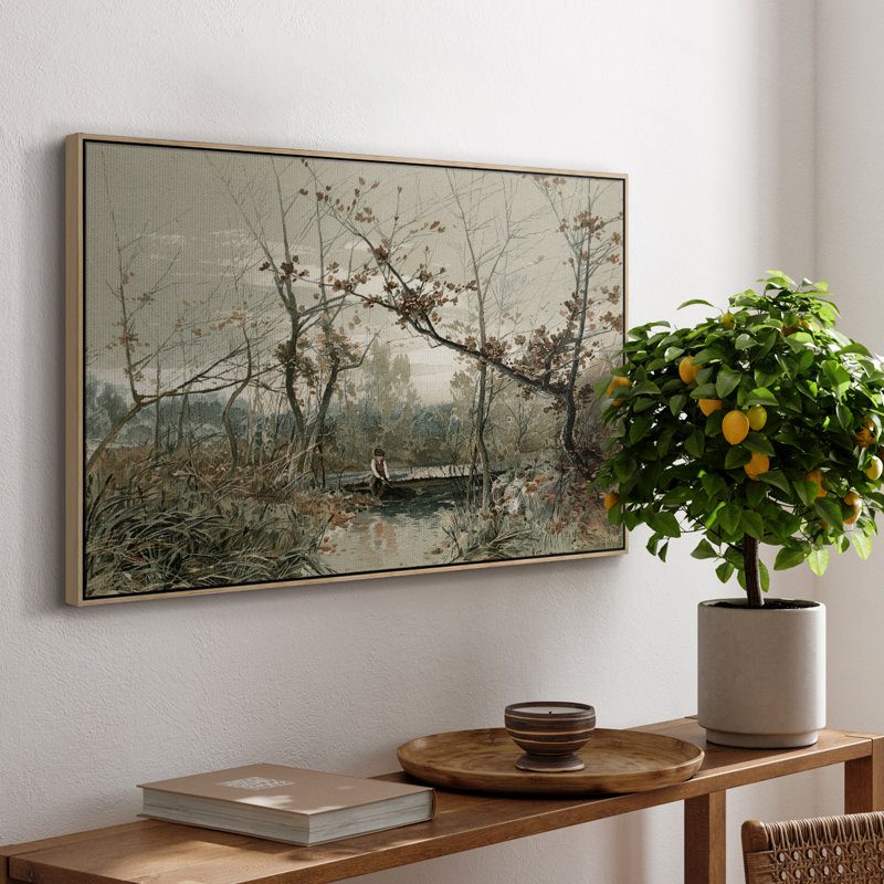 Paysage rétro - CDxxix, Toile avec cadre flottant or, H 25 po x l 37 po x P 2 po