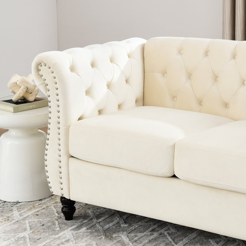 Canapé en velours beige 3 + - Conception classique et dossier doux, Beige