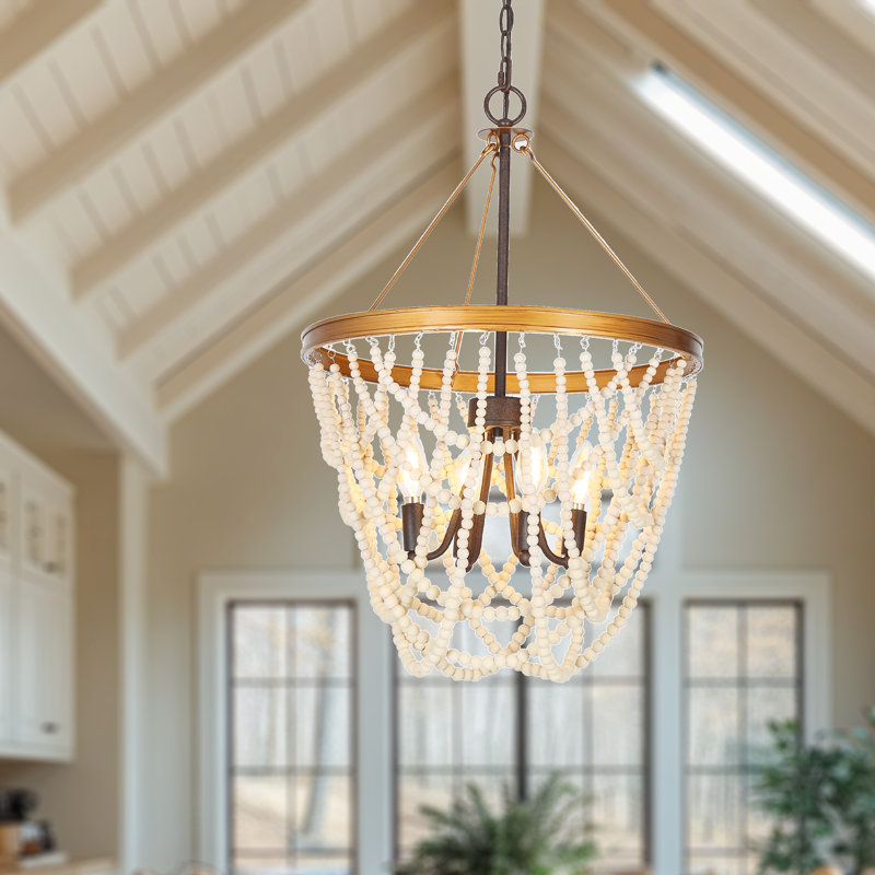 4-Light 17.5"W Vintage Gold & White Boho Beaded Chandelier UL Listed