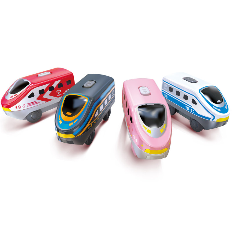 Hape: ensemble de locomotive à piles intercités - 4 trains de jouets colorés différents, interrupteur de direction avant et arrière, fixation magnétique, enfants de 3 ans et plus