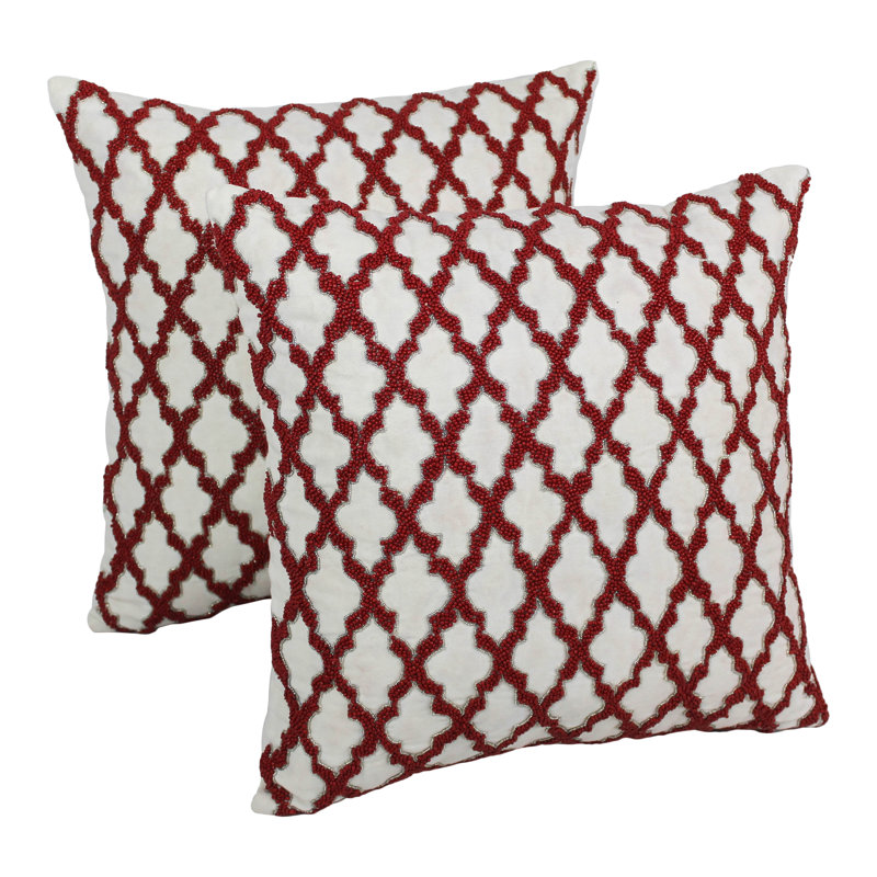 Coussin décoratif en coton à motif marocain, Rouge / Ivoire