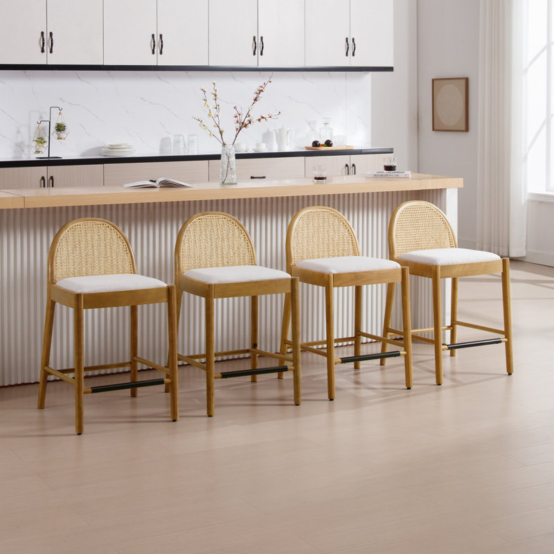 Tabourets modernes avec dossier en rotin et structure en bois Emington, Beige / nature