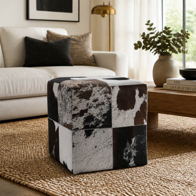 Cube Style Hair on Hide Ottoman Pouf Footstool for Living Room Display  - Luxury Accent Stool Furniture for House Decor and Bedroom Use - 18"
