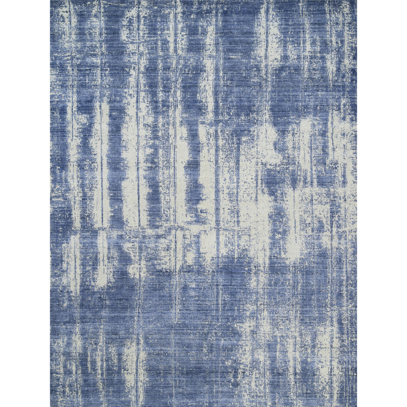 Tapis argent et bleu noué à la main de haute qualité, Rectangle de 2 pi x 3 pi