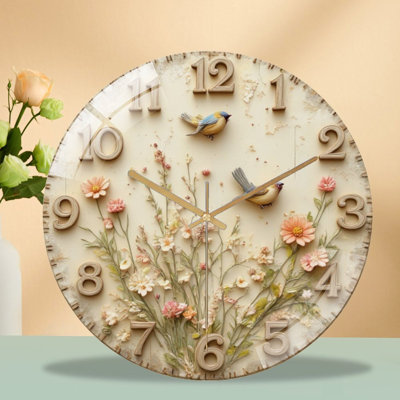 Floral Clock Face with Birds Art - 12'' Modern Glass Wall Clock