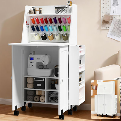 2 in 1 Folding Sewing Cabinet with Flip-Out Desk, 23-Spool Thread Rack, Side Charging Station, Dust-Proof Storage, and Lockable Wheels – Space-Saving Workstation for Home Craft Room, White