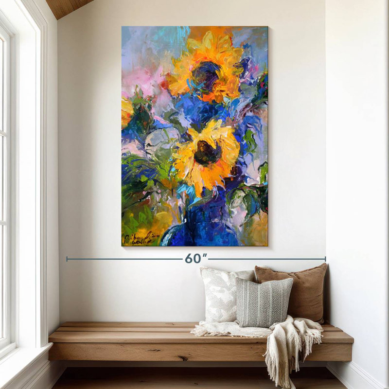 Harnek tournesols dans un vase bleu, H 51 po x l 34 po