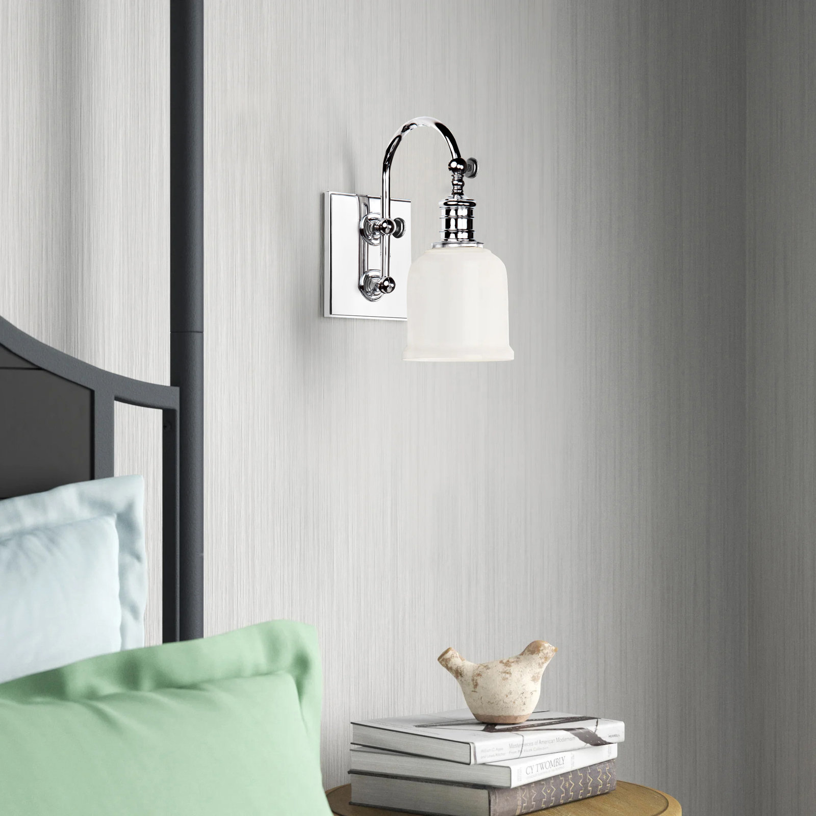 Single Light Glass Dimmable Armed Sconce, Polished Chrome