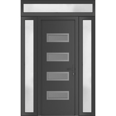 Porte d'entrée extérieure prémontée en PVC-U métal-plastique Manux 8113 Gris anthracite avec imposte et deux panneaux latéraux, pour bureaux, commerces et habitations. Convient également pour le patio, le garage, etc. Dimensions : 56 x 94 po (L 12 + 32 + 12 po x H 80 + 14 po). Ouverture à gauche vers l'intérieur.