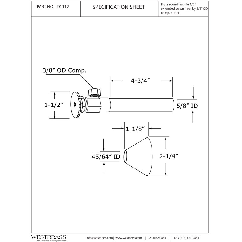 Soupape d'arrêt à poignée ronde à angle, sueur en cuivre 1/2 po x sortie de compression de 3/8 po de diamètre extérieur
