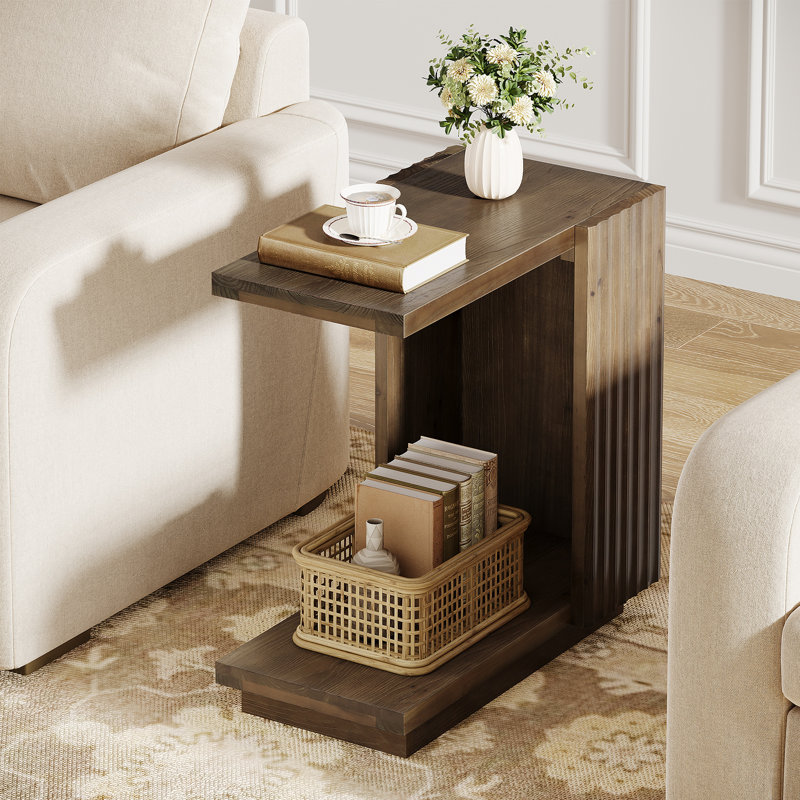 Solid Wood End Table, C-Shaped Side Table for Sofa, Bed