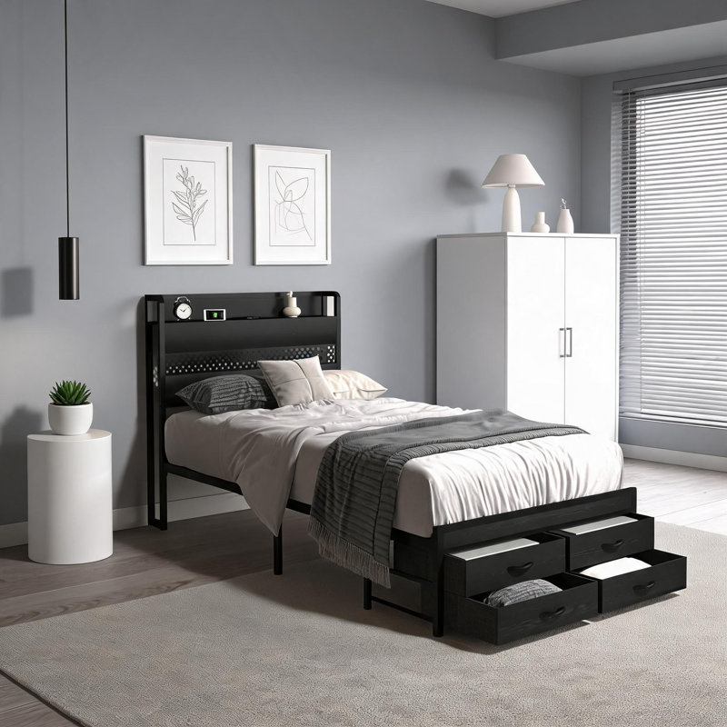 Lit plateforme avec rangement pour lit simple, structure en métal noir élégant et panneau de fibres à densité moyenne avec commodités intégrées
