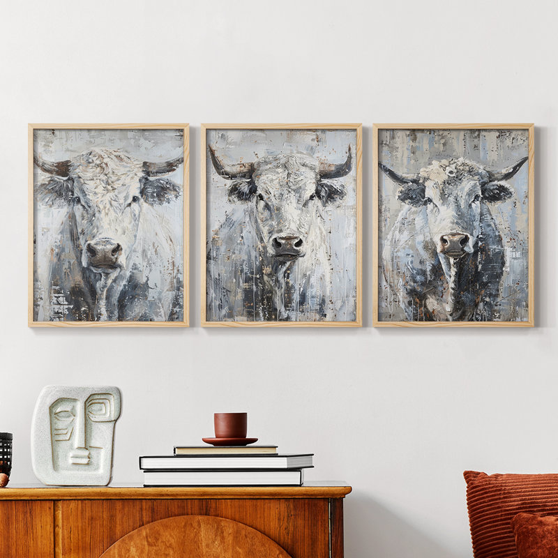 Bovine Study  Series  XLIII  -Set Of 3 Framed Giclee Prints -Ready to Hang, Natural Framed, 10" H x 8" W